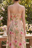 Abito Midi Floreale Bromato senza spalline in Tulle A-Line Blush