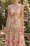 Vestito midi floreale ricamato in tulle con una sola spalla