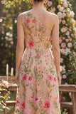 Vestito midi floreale ricamato in tulle con una sola spalla