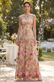 Abito floreale lungo ricamato in tulle A-line Bateau con scollo a fior