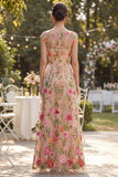 Abito floreale lungo ricamato in tulle A-line Bateau con scollo a fior