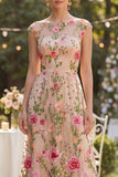 Abito floreale lungo ricamato in tulle A-line Bateau con scollo a fior