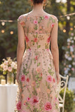 Abito floreale lungo ricamato in tulle A-line Bateau con scollo a fior