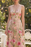 Blush in tulle ricamato a linea A abito floreale lungo