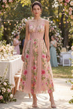 Blush Abito Midi Floreale Bromato in tulle ricamato a V-neck