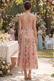 Blush Abito Midi Floreale Bromato in tulle ricamato a V-neck