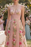 Blush Abito Midi Floreale Bromato in tulle ricamato a V-neck