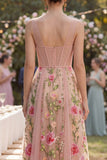 Blush Abito Midi Floreale Bromato in tulle ricamato a V-neck
