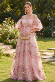 Abito floreale lungo a spalle con applichi in tulle rosa con spalle scoperte e maniche a sbuffo