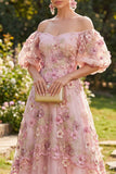 Abito floreale lungo a spalle con applichi in tulle rosa con spalle scoperte e maniche a sbuffo