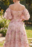 Abito floreale lungo a spalle con applichi in tulle rosa con spalle scoperte e maniche a sbuffo