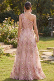 Abito floreale lungo a rughe in tulle rosa fucsia a linea A con una spalla