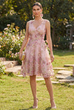 Abito midi floreale applicate con scollo a V in tulle rosa fucsia A-Line