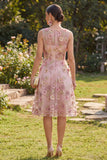 Abito midi floreale applicate con scollo a V in tulle rosa fucsia A-Line