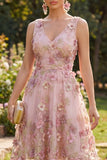 Abito midi floreale applicate con scollo a V in tulle rosa fucsia A-Line