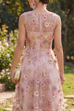 Abito midi floreale applicate con scollo a V in tulle rosa fucsia A-Line