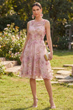 Abito midi floreale a collo tondo in tulle rosa fucsia