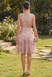Abito midi floreale a collo tondo in tulle rosa fucsia