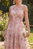 Abito midi floreale a collo tondo in tulle rosa fucsia