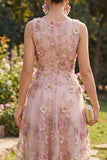 Abito midi floreale a collo tondo in tulle rosa fucsia