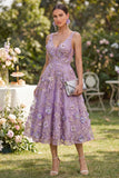 Abito midi floreale a perline applicato a Tulle lilla scollo a V