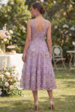 Abito midi floreale a perline applicato a Tulle lilla scollo a V