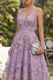 Abito midi floreale a perline applicato a Tulle lilla scollo a V