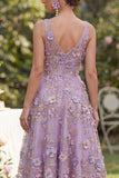 Abito midi floreale a perline applicato a Tulle lilla scollo a V
