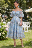 Abito midi floreale a perline blu applicate con e linee a A con spalle scoperte