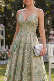 Vestito midi floreale midi applicato verde A-Line in tulle