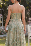 Vestito midi floreale midi applicato verde A-Line in tulle