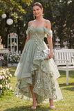 Vestito midi floreale in organza a spalla scoperta verde polverosa con applique a linea A
