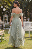 Vestito midi floreale in organza a spalla scoperta verde polverosa con applique a linea A