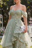 Vestito midi floreale in organza a spalla scoperta verde polverosa con applique a linea A