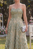 Vestito midi floreale midi verde A-Line in tulle applicato