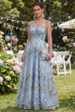 Abito floreale lungo e arricciata con perline in tulle blu