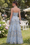 Abito floreale lungo e arricciata con perline in tulle blu