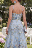 Abito floreale lungo e arricciata con perline in tulle blu