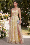 Strappi Spaghetti Giallo Chiaro Maxi Floral Applicato Hollow A-Line con Fessura