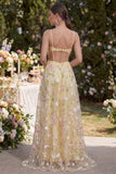 Strappi Spaghetti Giallo Chiaro Maxi Floral Applicato Hollow A-Line con Fessura