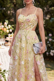 Strappi Spaghetti Giallo Chiaro Maxi Floral Applicato Hollow A-Line con Fessura