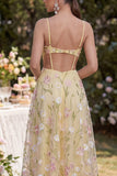 Strappi Spaghetti Giallo Chiaro Maxi Floral Applicato Hollow A-Line con Fessura