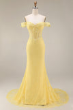 Corsetto sirena con pizzo scollato e abito lungo da cerimonia giallo