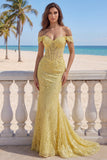 Corsetto sirena con pizzo scollato e abito lungo da cerimonia giallo