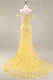 Corsetto sirena con pizzo scollato e abito lungo da cerimonia giallo
