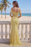 Corsetto sirena con pizzo scollato e abito lungo da cerimonia giallo