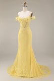 Corsetto sirena con pizzo scollato e abito lungo da cerimonia giallo