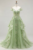 Corsetto verde a linea a A con spalle scoperte vestito da cerimonia lungo floreale con volant