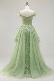 Corsetto verde a linea a A con spalle scoperte vestito da cerimonia lungo floreale con volant