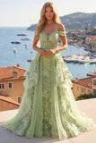 Corsetto verde a linea a A con spalle scoperte vestito da cerimonia lungo floreale con volant
